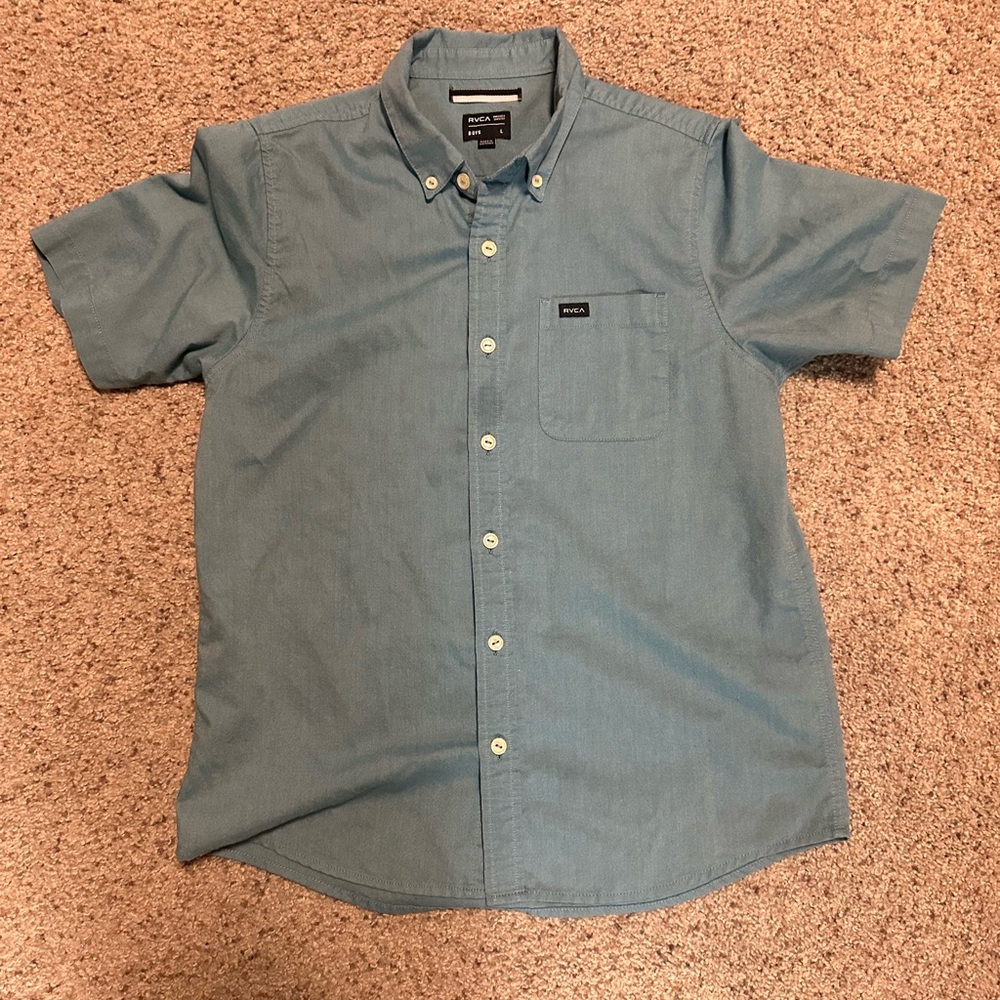 EUC RVCA Boys L Blue Short Sleeve Shirt